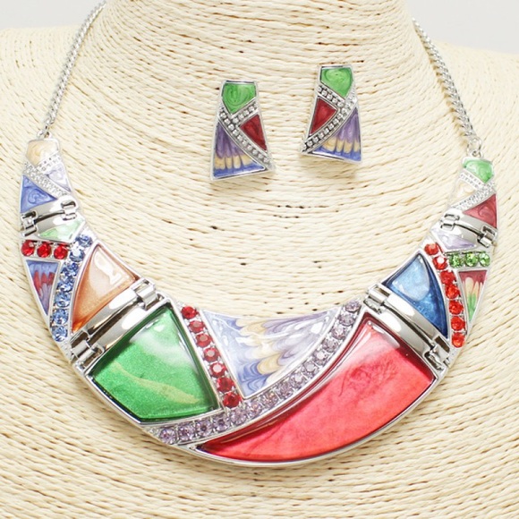 New💕Geometric Rhinestone Necklace Set - Picture 1 of 6